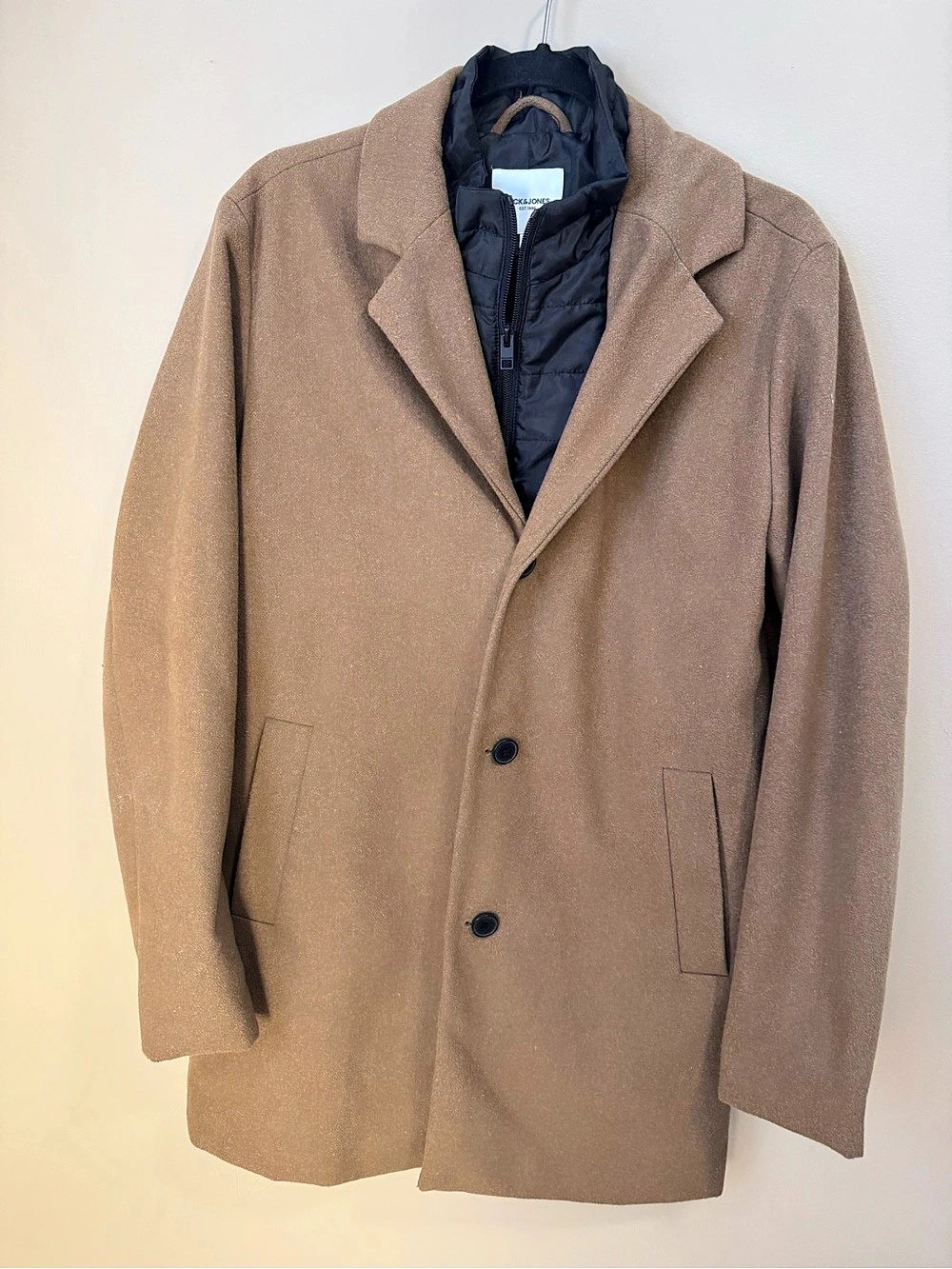 JACK & JONES Men's Brown Wool Blend Layered Bib Coat Jacket Medium M